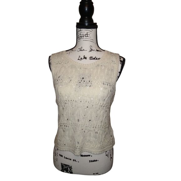 Vintage-Inspired Cream Knit Sleeveless Top S Cozy Casual - Picture 2 of 14